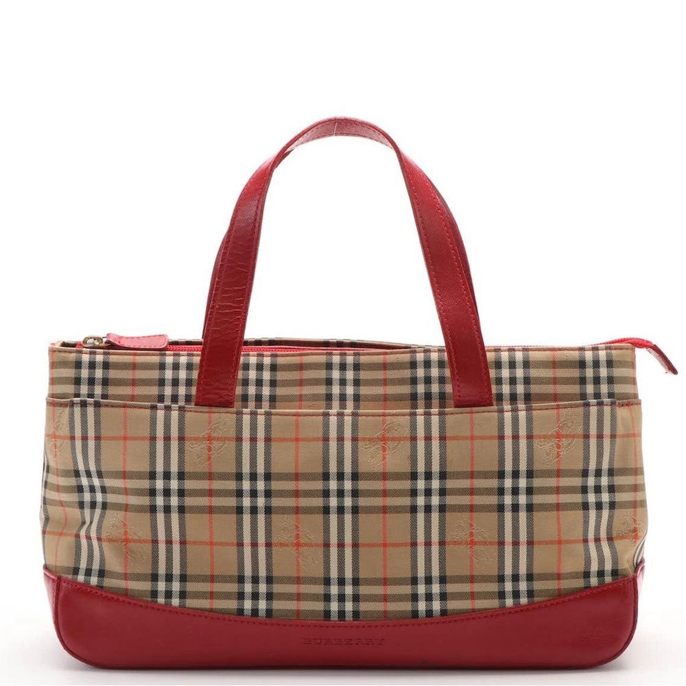 Authentic Burberry Haymarket Check Handle Bag with red saffiano leather